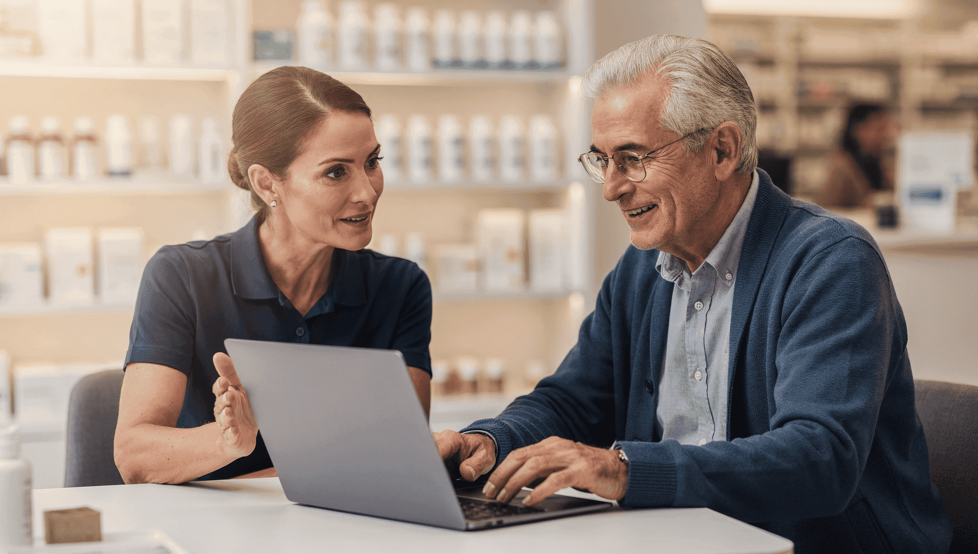 Licensed benefit advisor reviewing health insurance options with a senior at a pharmacy consultation table
